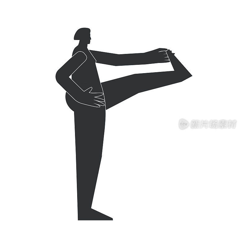 矢量孤立的插图与黑色剪影的女性做精细。运动女性学习瑜伽姿势Utthita Hasta Padangustasana。体育运动-伸出手到大脚趾的姿势